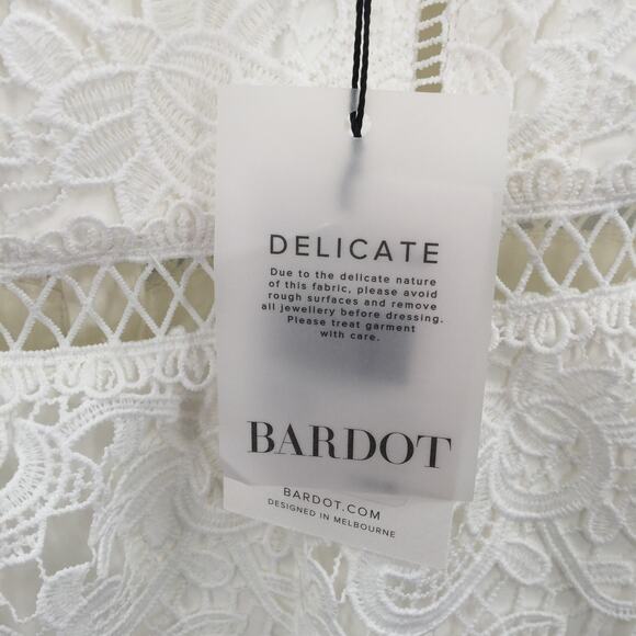 Bardot Lace Peplum Mini Dress Short Sweetheart Neck White size 10 New - Picture 8 of 11